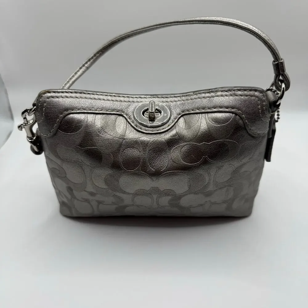 COACH Y2K Vintage Mini Shoulder Bag Turn Lock Metallic Silver Signature Leather